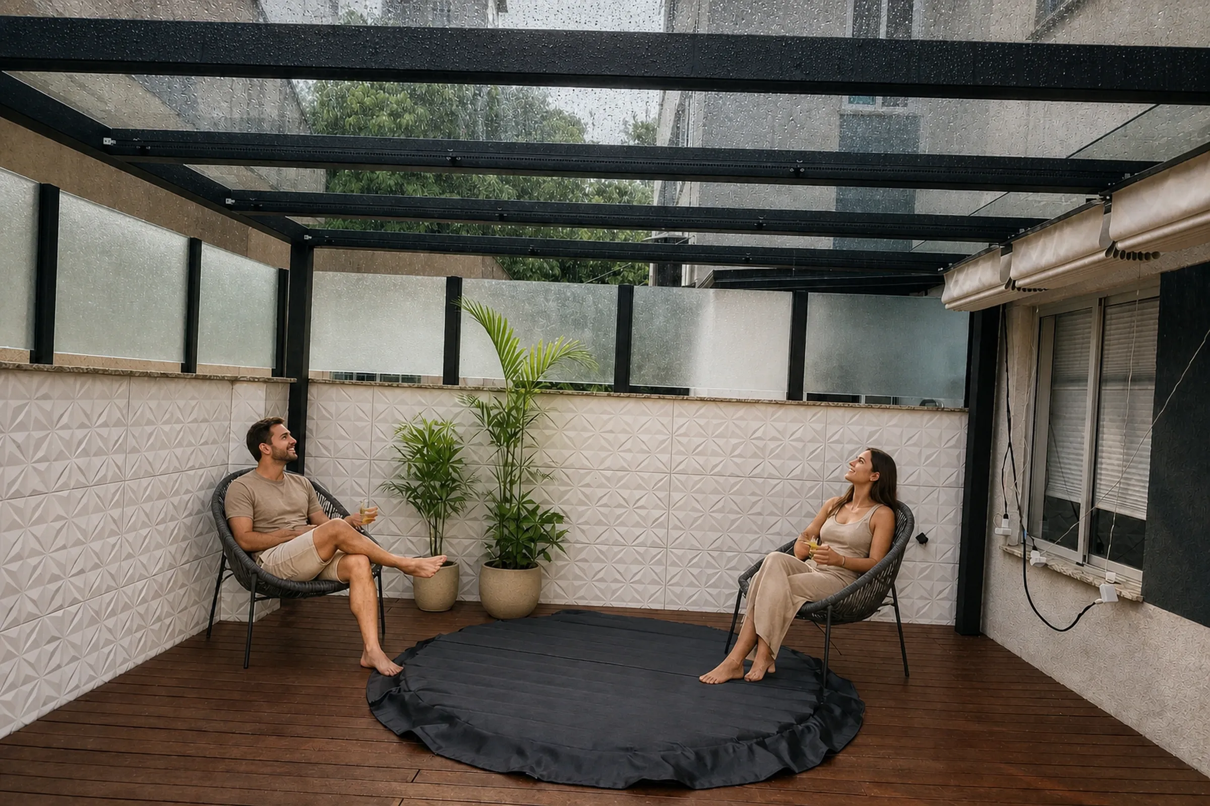Casal seco sob cobertura de vidro enquanto chove lá fora