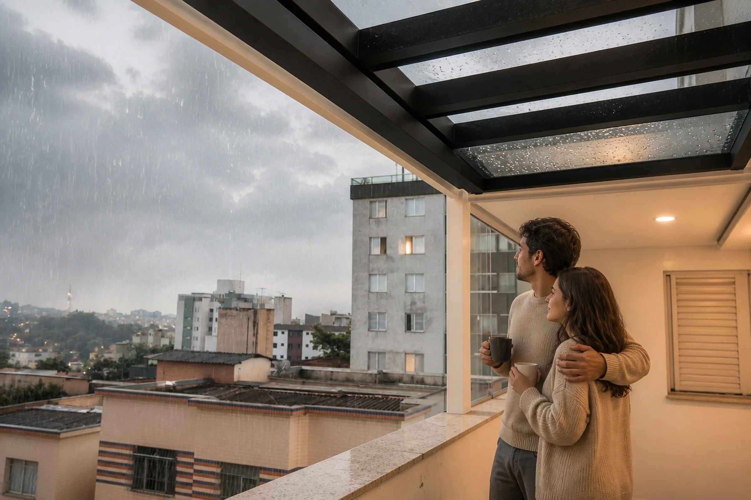 Casal observando a chuva protegido pela cobertura de vidro da varanda