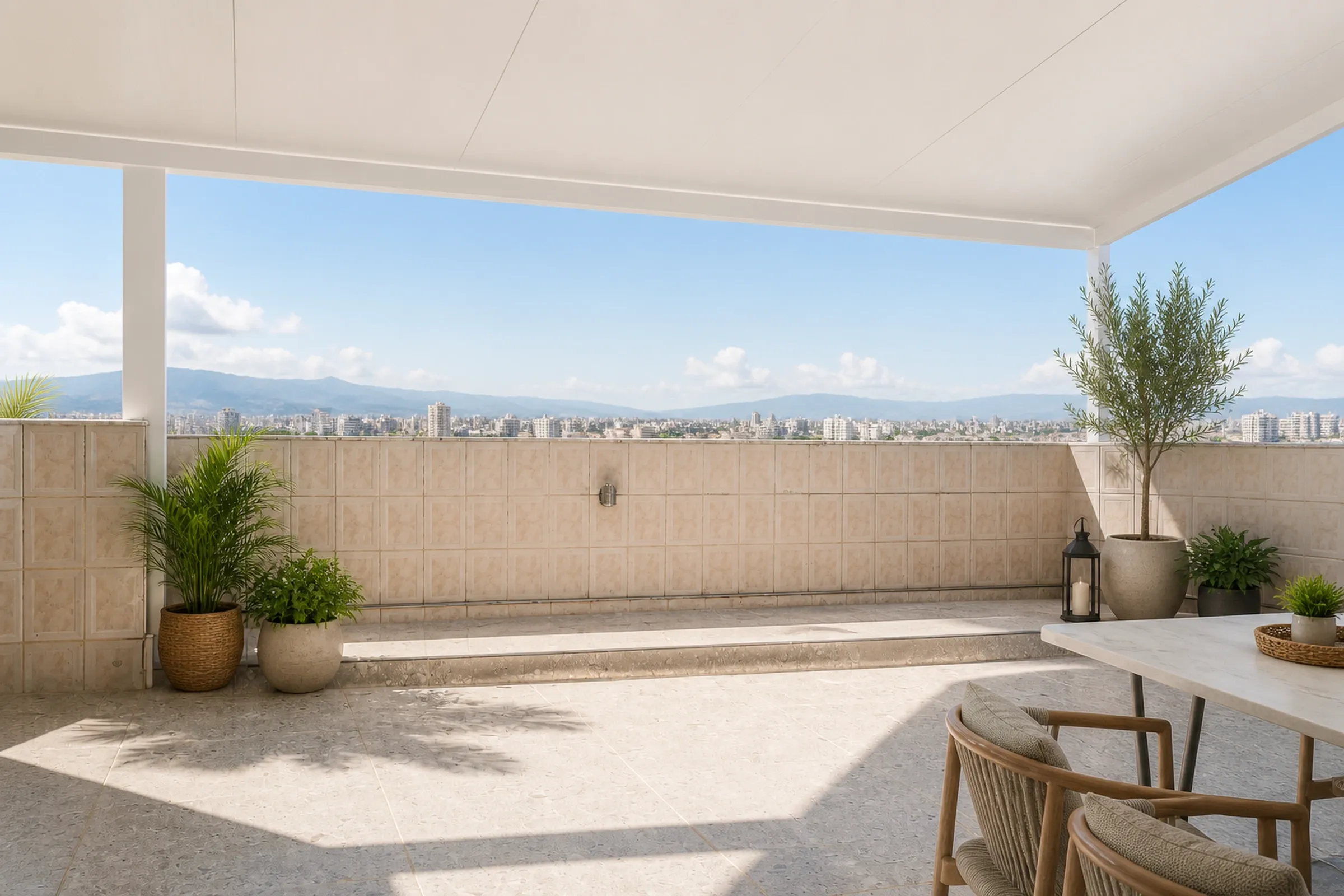 Cobertura termoacústica com forro branco e vista panorâmica da cidade