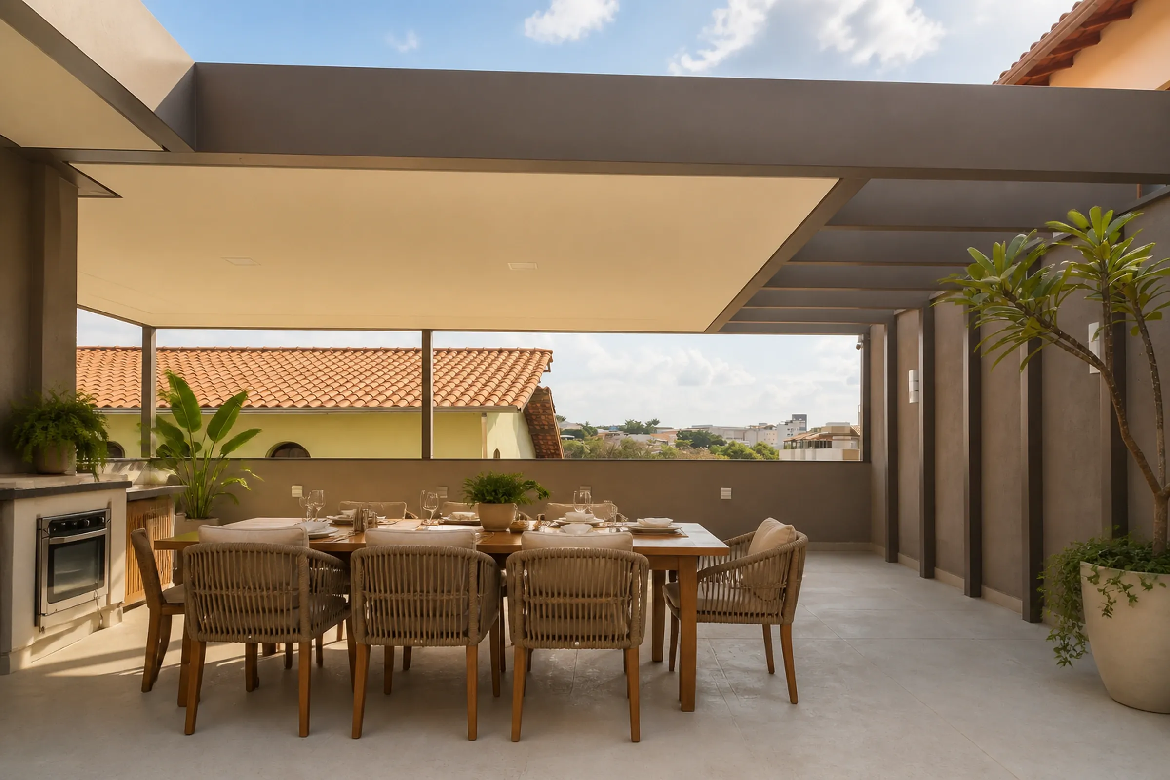 Lounge gourmet sob pergolado com vidro e forro de madeira