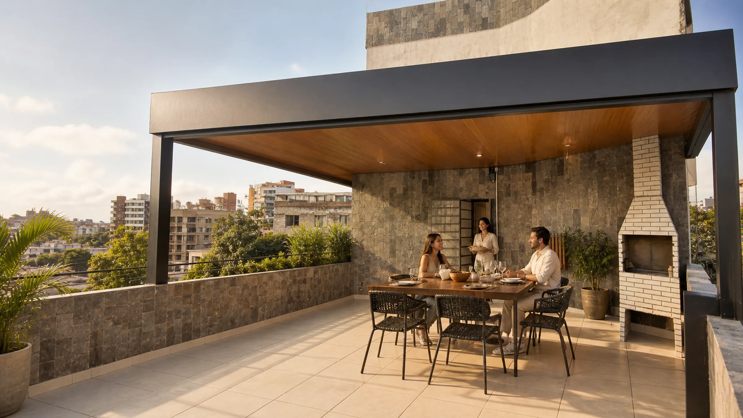 Terraço gourmet coberto com churrasqueira e vista da cidade