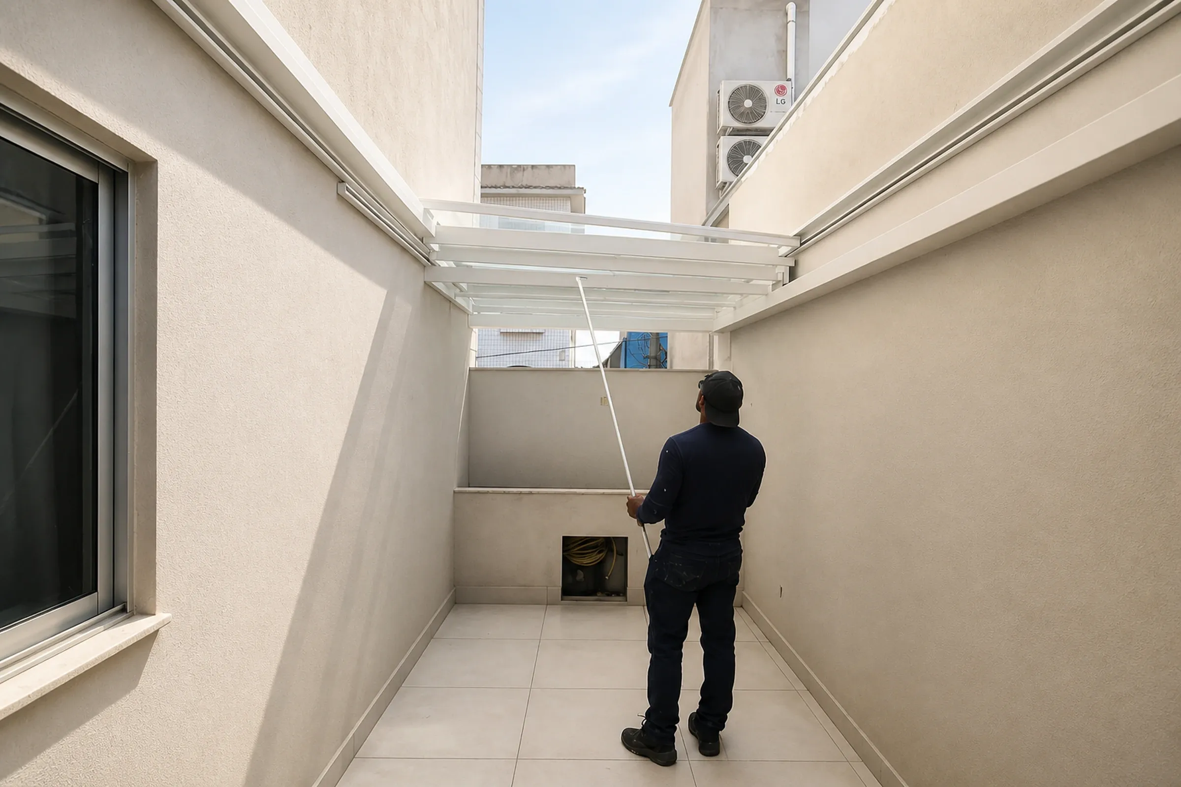 Instaladores da equipe posicionando perfil metálico em obra