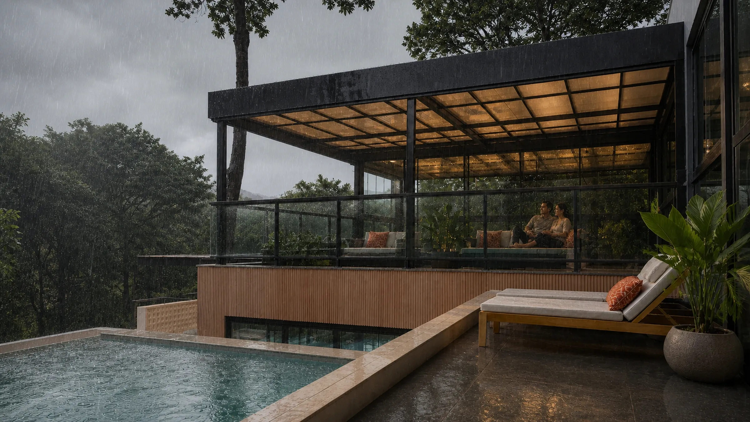 Área de piscina protegida por cobertura enquanto chove, com a família aproveitando o espaço