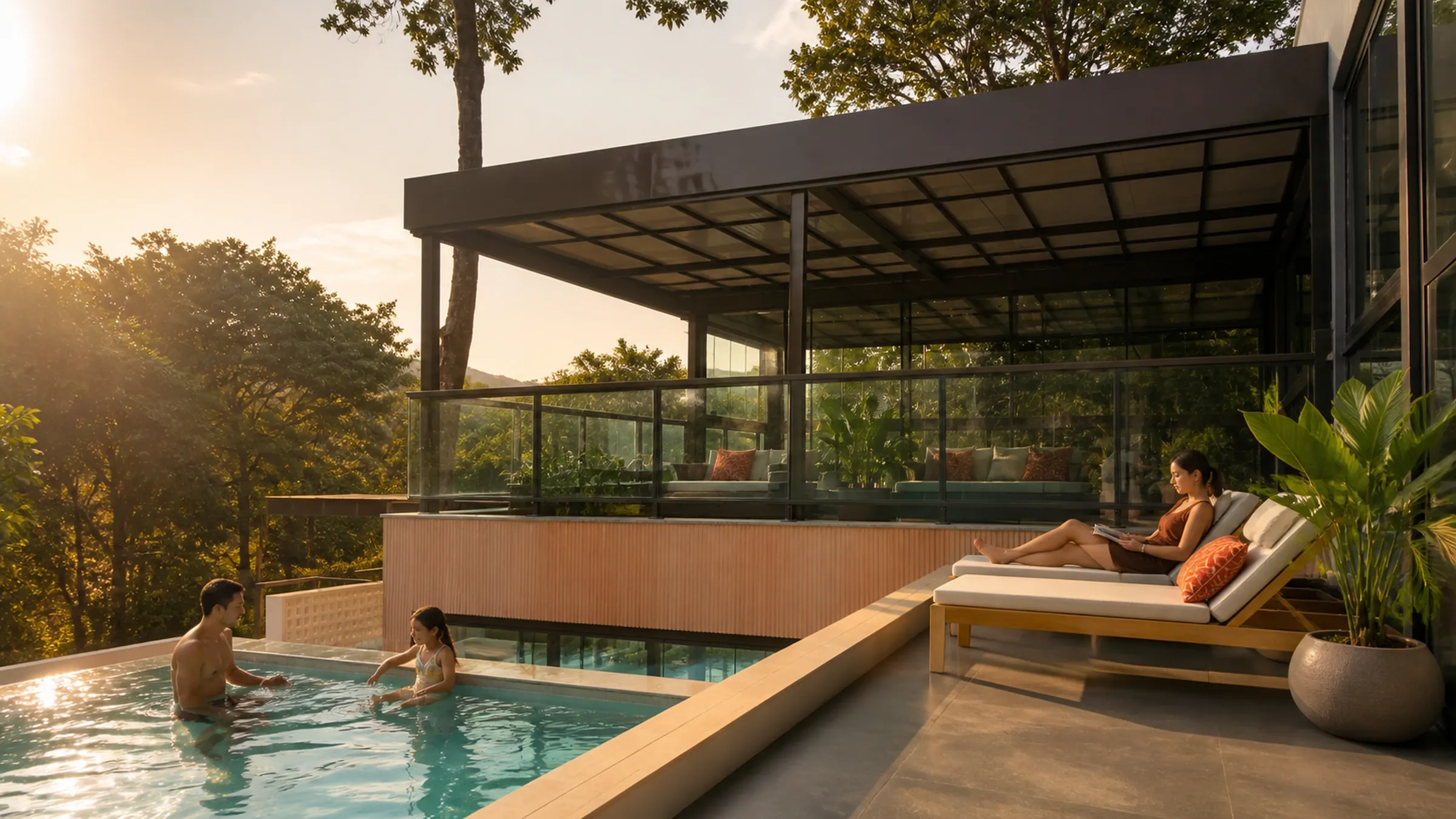 Cobertura com estrutura metálica aparente sobre lounge envidraçado, família aproveitando a piscina