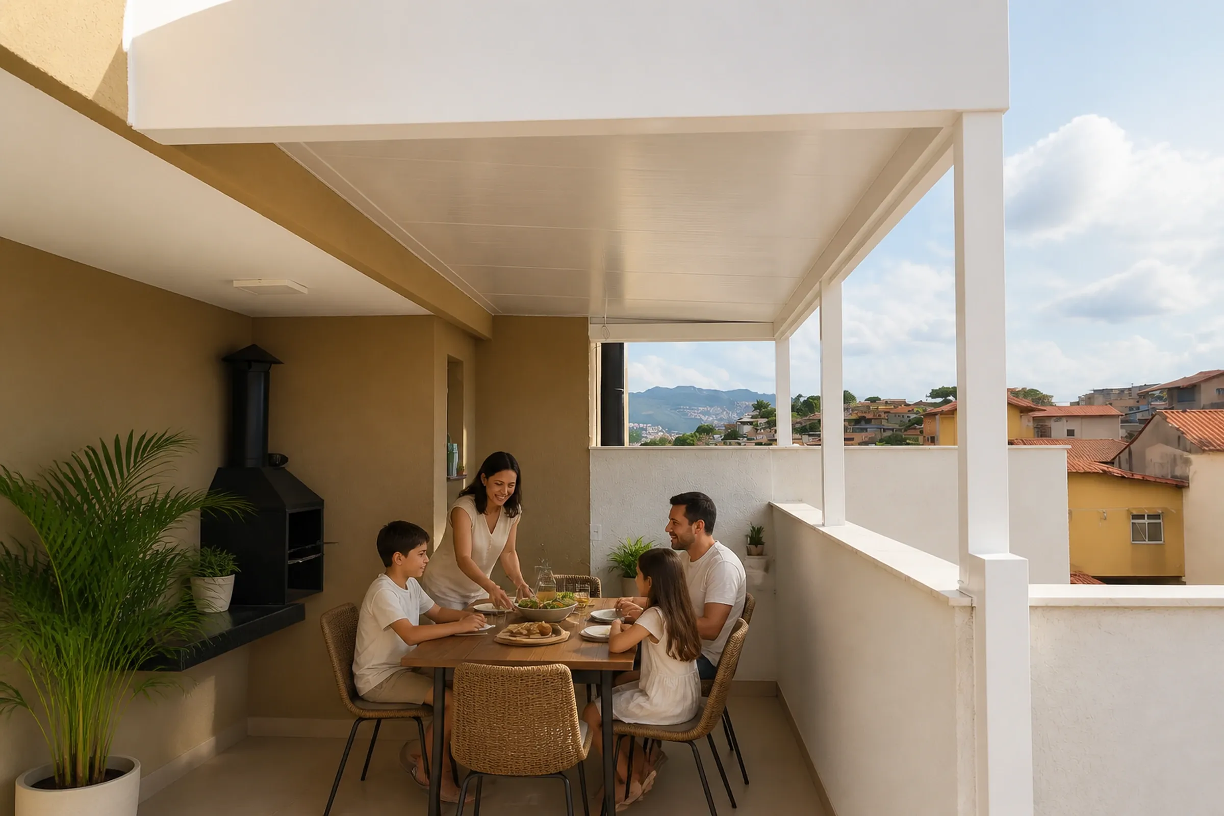 Família em área gourmet sob cobertura branca com churrasqueira